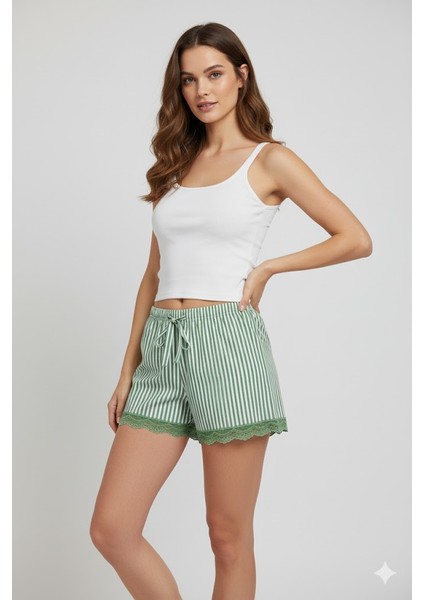 Çizgili Penye Kadın Ev Şortu Bacak Dantel Detaylı Ev Giyim Yeşil