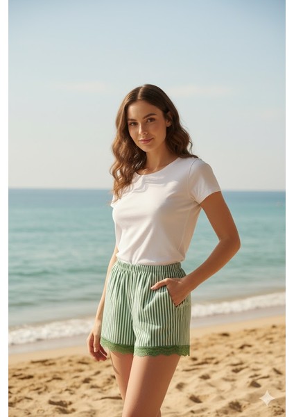 Çizgili Penye Kadın Ev Şortu Bacak Dantel Detaylı Ev Giyim Yeşil indirimleri