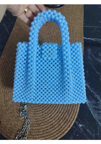 El Yapımı Gök Mavisi Inci Boncuklu Çanta – Uzun Zincirli & El Tutma Saplı