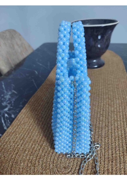 El Yapımı Gök Mavisi Inci Boncuklu Çanta – Uzun Zincirli & El Tutma Saplı fiyatları