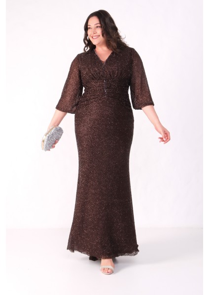 Kadın Kahverengi V Yaka Boncuklu Büyük Beden Abiye Elbise fiyatları