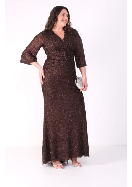 Kadın Kahverengi V Yaka Boncuklu Büyük Beden Abiye Elbise modelleri