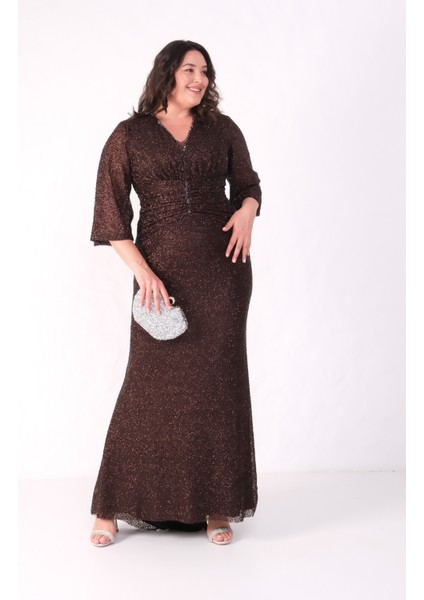 Kadın Kahverengi V Yaka Boncuklu Büyük Beden Abiye Elbise fırsatları