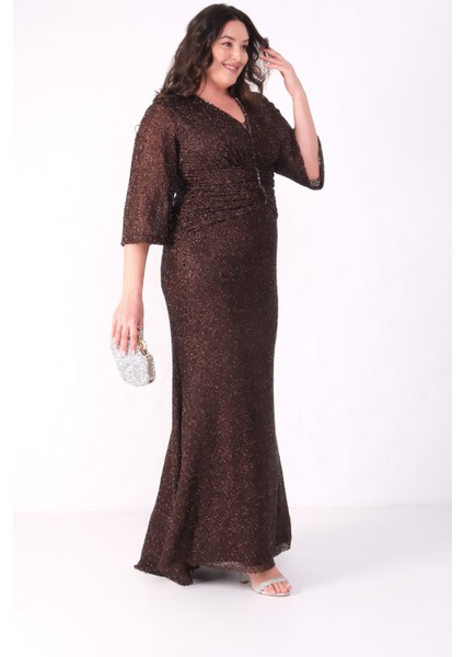 Kadın Kahverengi V Yaka Boncuklu Büyük Beden Abiye Elbise indirimleri