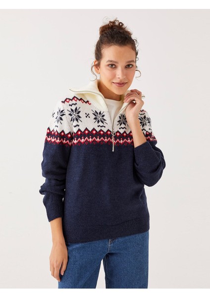 Yeni Sezon Dik Yaka Yılbaşı Temalı Uzun Kollu Kadın Triko Kazak