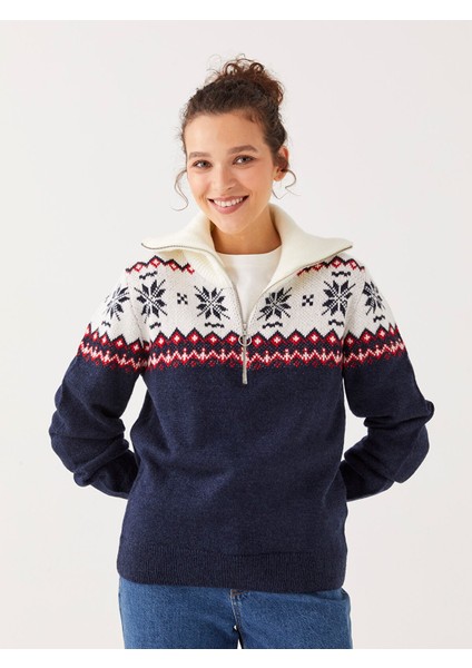 Yeni Sezon Dik Yaka Yılbaşı Temalı Uzun Kollu Kadın Triko Kazak modelleri