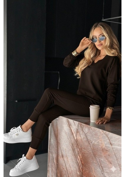 Kadın Uzun Kollu V Yakalı Viskon Iki Iplik Bluz ve Pantolon Ikili Takım