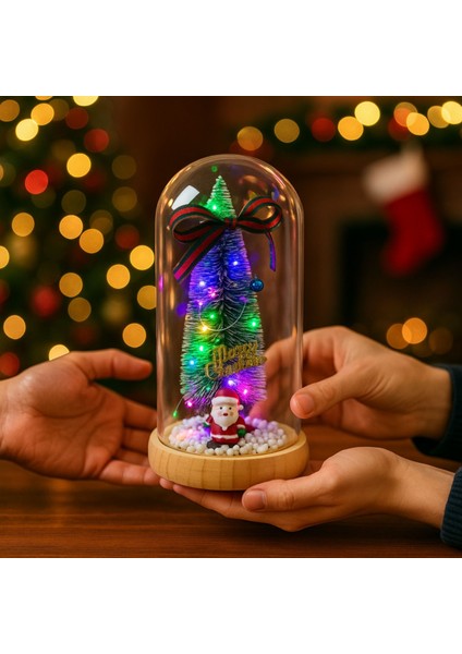 YILBAŞI 17 cm Işıklı Yılbaşı Ağaç Fanusu-Mini Yılbaşı Ağacı Işık Fanusu-Yılbaşı Hediyesi