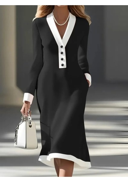 Kadın Uzun Kollu V Yakalı Düğmeli Midi Modal Elbise