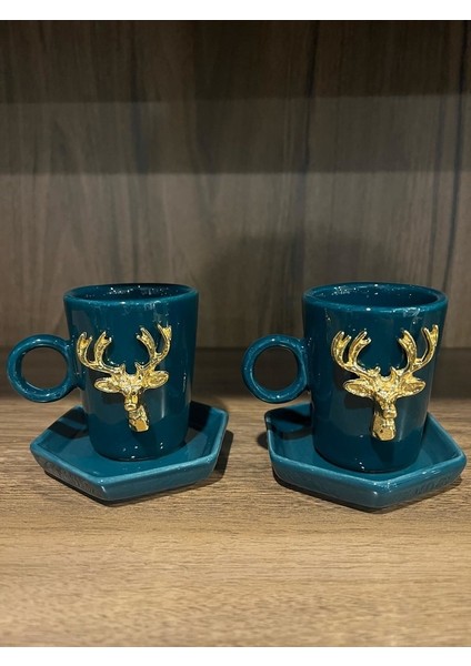 Oxford Yeşil 2\'li 4 Parça Geyik Fincan Seti