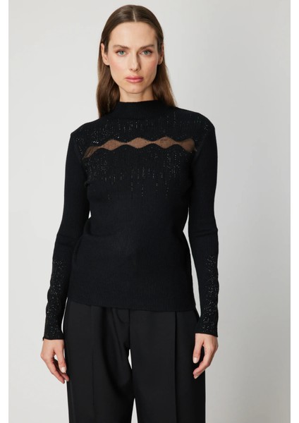 Transparan Detaylı Taşlı Triko Kazak 60387-26K