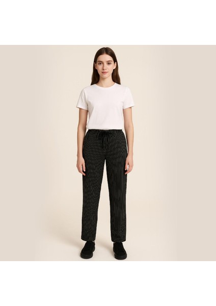 Kadın Italyan Siyah Beyaz Çizgili Lastikli Aşçı Pantolonu