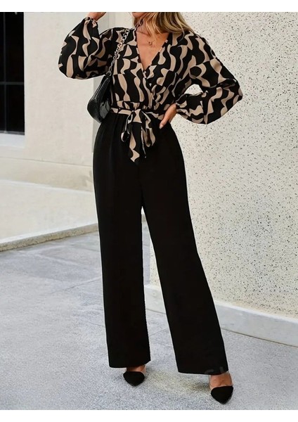 Kadın Uzun Kollu Kruvaze Yakalı Belden Kuşaklı Üst Dalgıç Alt Ithal Krep Tulum