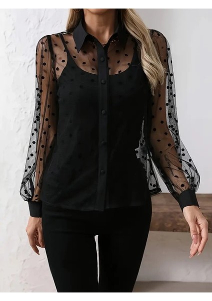 Kadın Uzun Kollu Yakalı Şeffaf Tül Detaylı ve Viskon Atlet Ikili Takım