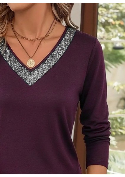 Kadın Uzun Kollu V Payet Yakalı Viskon Mürdüm Bluz fiyatları