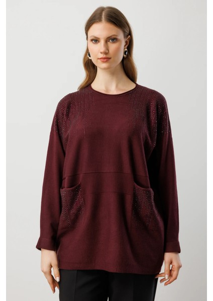 Taş Işlemeli Torba Cepli Kazak 60304-26K