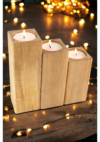 Doğal Ahşap Mumluk 3lü