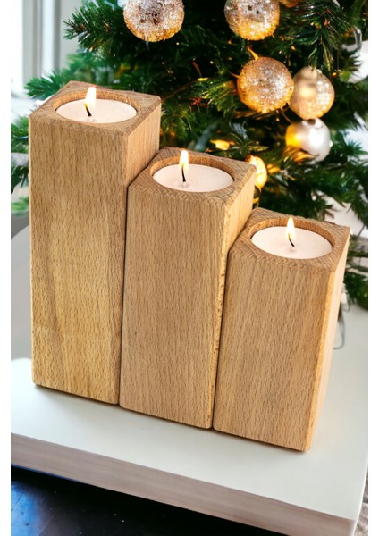Doğal Ahşap Mumluk 3lü modelleri