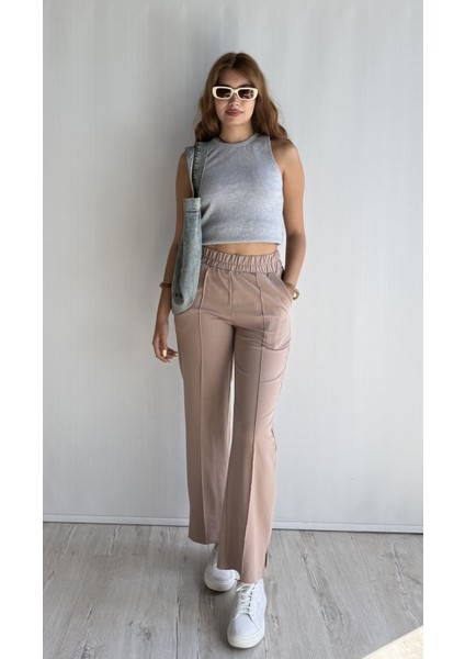 Kadın Lastikli Yüksek Bel Yırtmaçlı Bol Paça Pantolon fiyatları