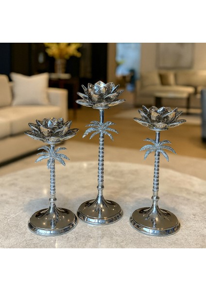 Dekoratif 3'lü Palmiye Şamdan - Gümüş fiyatları