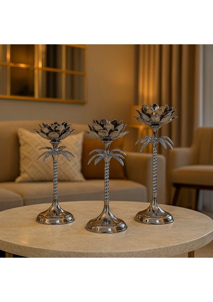 Dekoratif 3'lü Palmiye Şamdan - Gümüş modelleri