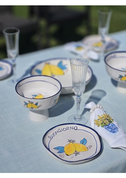 1 Adet El Yapımı El Boyaması Şekilsiz Formlu 21CM Seramik Tabak - Limon Desenli \'\'buongiorno\'\'