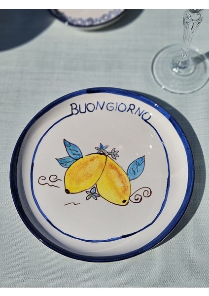 1 Adet El Yapımı El Boyaması Şekilsiz Formlu 21CM Seramik Tabak - Limon Desenli \'\'buongiorno\'\' fiyatları