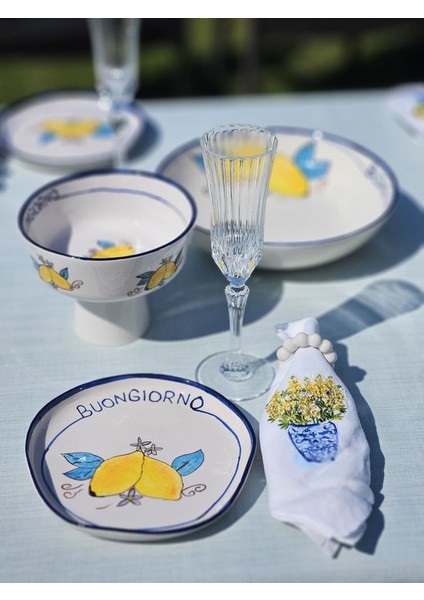 1 Adet El Yapımı El Boyaması Şekilsiz Formlu 21CM Seramik Tabak - Limon Desenli \'\'buongiorno\'\' modelleri