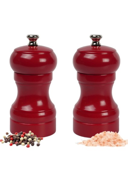 Koyu Kırmızı Ahşap Tuz ve Karabiber El Değirmeni Öğütücü Grinder 2 Adet 10 cm