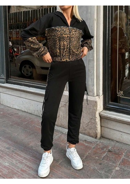 Kadın Uzun Kollu Kapşonlu Leopar Desenli Viskon Iki Iplik Bluz ve Pantolon Ikili Takım fırsatları
