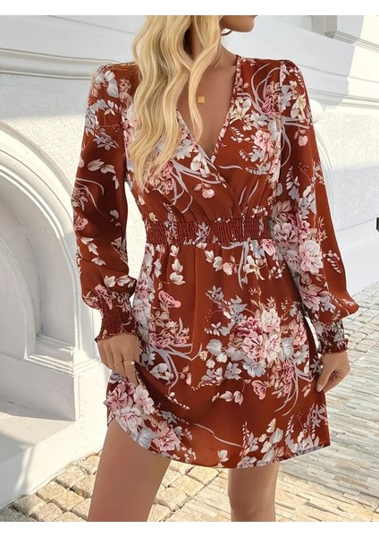 Kadın Uzun Kollu Kruvaze Yakalı Çiçek Desenli Mini Süprem Elbise