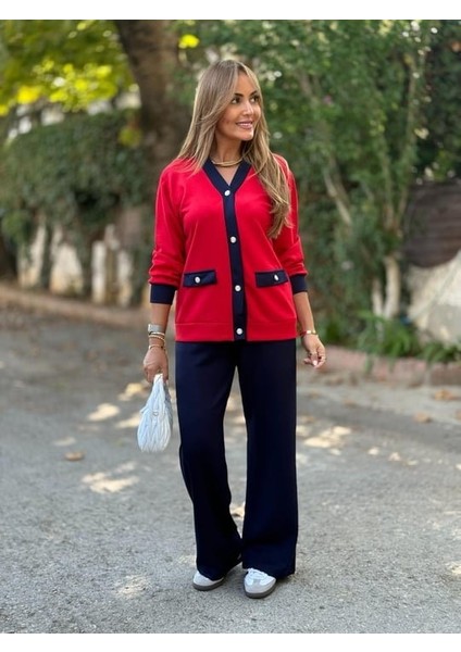 Kadın Uzun Kollu Ribanali Cep Detay Hırka ve Bol Paça Pantolon Ikili Takım