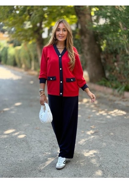Kadın Uzun Kollu Ribanali Cep Detay Hırka ve Bol Paça Pantolon Ikili Takım