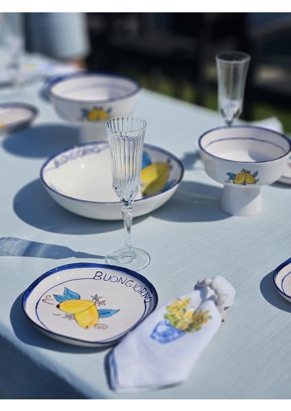 1 Adet El Yapımı El Boyaması 27CM Çapında Seramik Büyük Salata Kasesi - Limon Desenli \'\'buongiorno\'\'