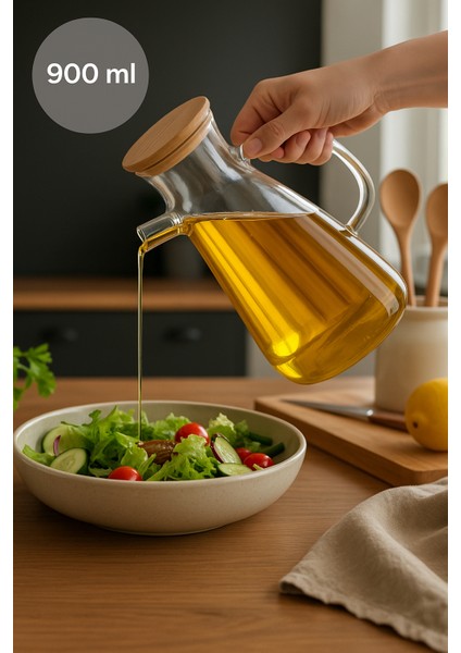 900 ml Ahşap Kapaklı Cam Yağlık-Sızdırmaz Zeytinyağı Şişesi