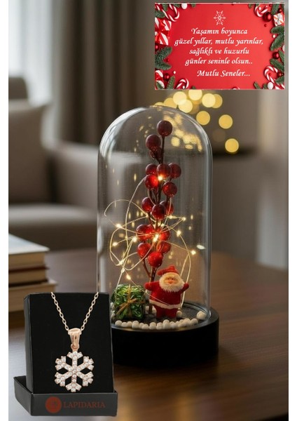 Yılbaşı Temalı Kokina Çiçekli Noel Baba Büyük Yılbaşı Süslü Peri LED Işıklı Fanus Kartanesi Kolye