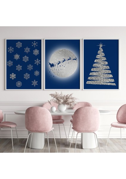 Yılbaşı Temalı Lacivert Gümüş 3'lü Tablo Seti, Yılbaşı Dekorasyon Ürünü, Yılbaşı Tablosu