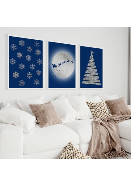Yılbaşı Temalı Lacivert Gümüş 3'lü Tablo Seti, Yılbaşı Dekorasyon Ürünü, Yılbaşı Tablosu fiyatları