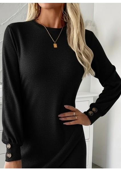 Kadın Uzun Kollu Bisiklet Yaka Önden Asimetrik Kesim Detaylı Mini Yumoş Elbise fiyatları