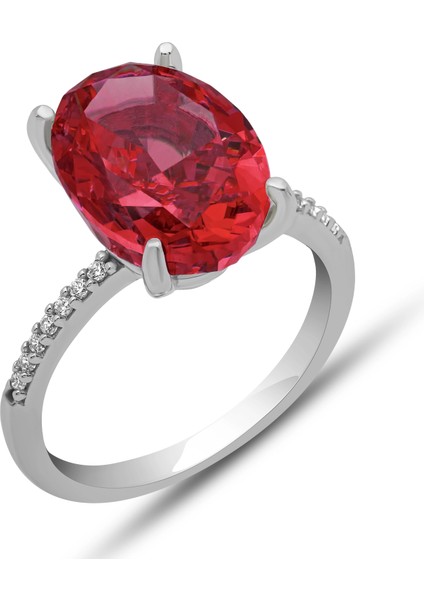 Gümüş Ice Cut Oval Kırmızı Zirkon Taşlı Kadın Yüzük