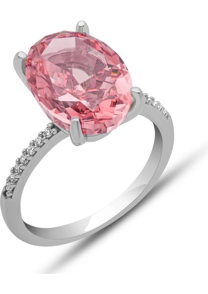 Gümüş Ice Cut Oval Pembe Zirkon Taşlı Kadın Yüzük