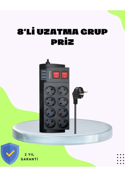 Termal Korumalı 8 Prizli 3 USB Li Uzatma Kablosu