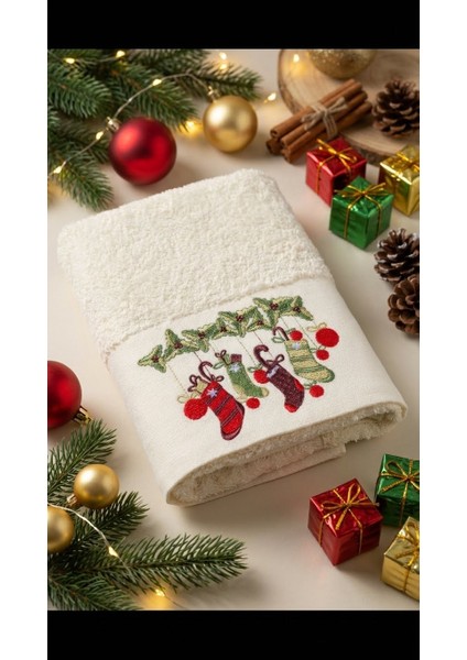 Gift Yılbaşı Çorabı Nakışlı 50x90cm Yılbaşı Havlusu
