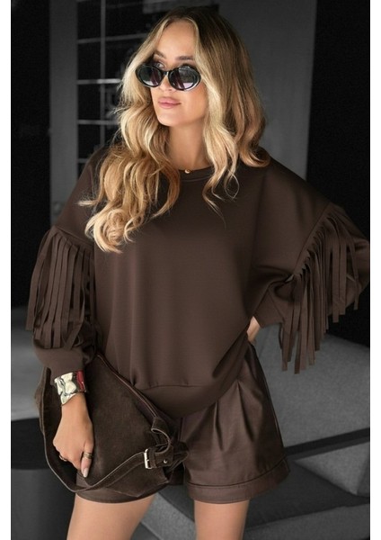 Kadın Uzun Kollu Bisiklet Yaka Kolları Püsküllü Modal Bluz