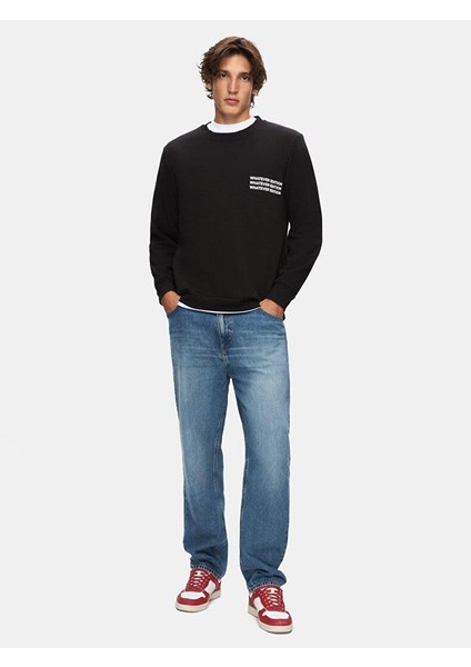Uzun Kollu Sıfır Yaka Slogan Baskılı Siyah Sweatshırt indirimleri