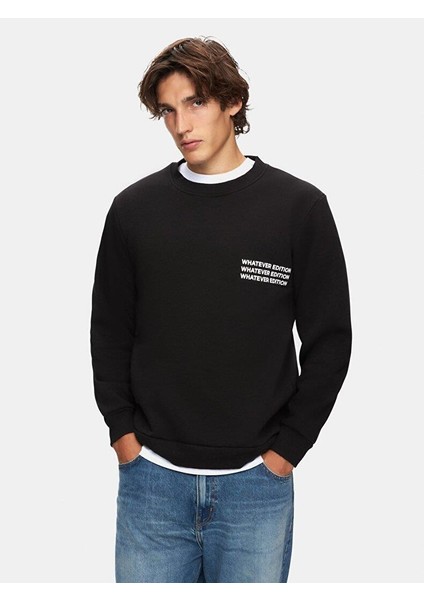 Uzun Kollu Sıfır Yaka Slogan Baskılı Siyah Sweatshırt