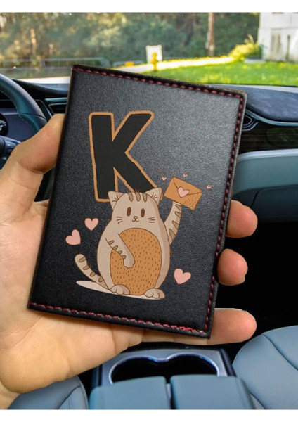 Ruhsat Kılıfı Deri Dikişli Desenli Oto Araba Motor Ruhsat Kabı Kılıfı K Harfi Kedili