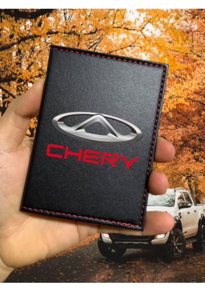 Chery Desenli Ruhsat Kabı Logolu Oto Ruhsat Kılıfı Vinleks Deri Dikişli Araç Ruhsat Koruyucu