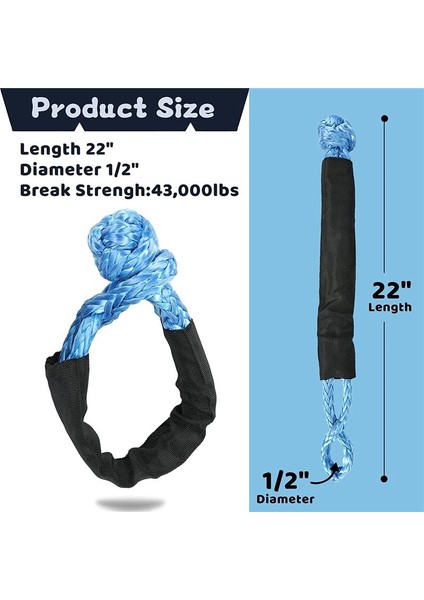 2pcs Mavi 1/2inch x 22 Inç Yumuşak Kanca ve Döngü Ip Sentetik Çekiş Kurtarma Kayışı 43000LBS Kırılma Gücü (Yurt Dışından) modelleri