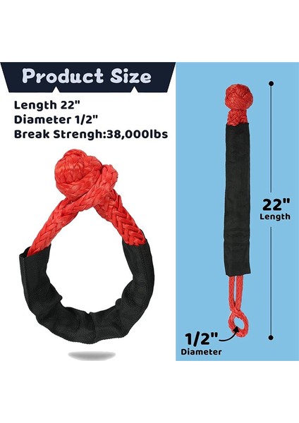 2pcs Kırmızı 1/2inch x 22 Inç Yumuşak Kanca ve Döngü Halat Sentetik Çekiş Kurtarma Kayışı 43000LBS Kırılma Gücü (Yurt Dışından) modelleri